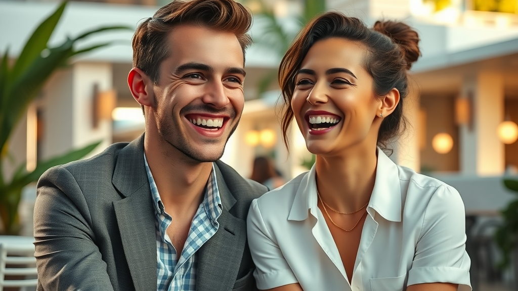 Young couple with beautiful teeth enjoying Miami café, cosmetic dentistry miami