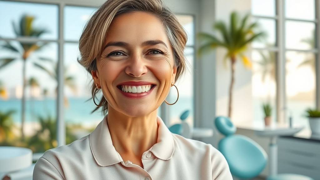 Confident woman smiling in Miami dental office, cosmetic dentistry miami