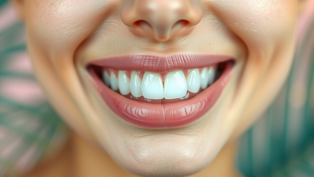 Close-up bright white smile, cosmetic dentistry miami, pastel Miami colors