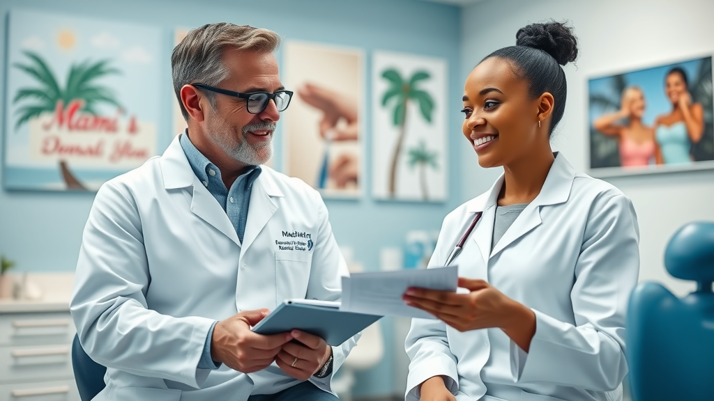 Dentist discusses periodontal maintenance in Miami clinic with patient