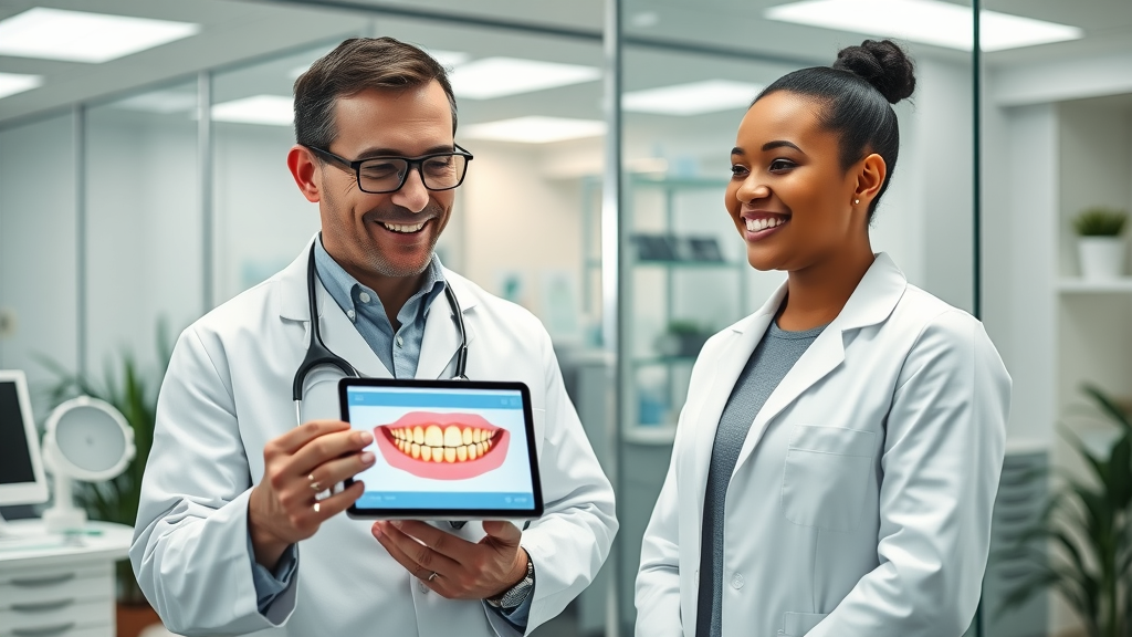 Dentist presenting digital cosmetic dentistry results to satisfied patient