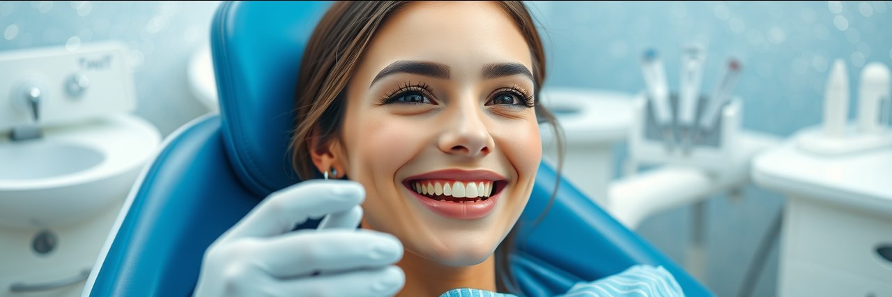Young woman smiling after cosmetic dentistry miami, examining teeth in clinic chair