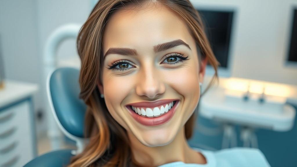 Confident woman smiling after cosmetic dentistry services in modern clinic