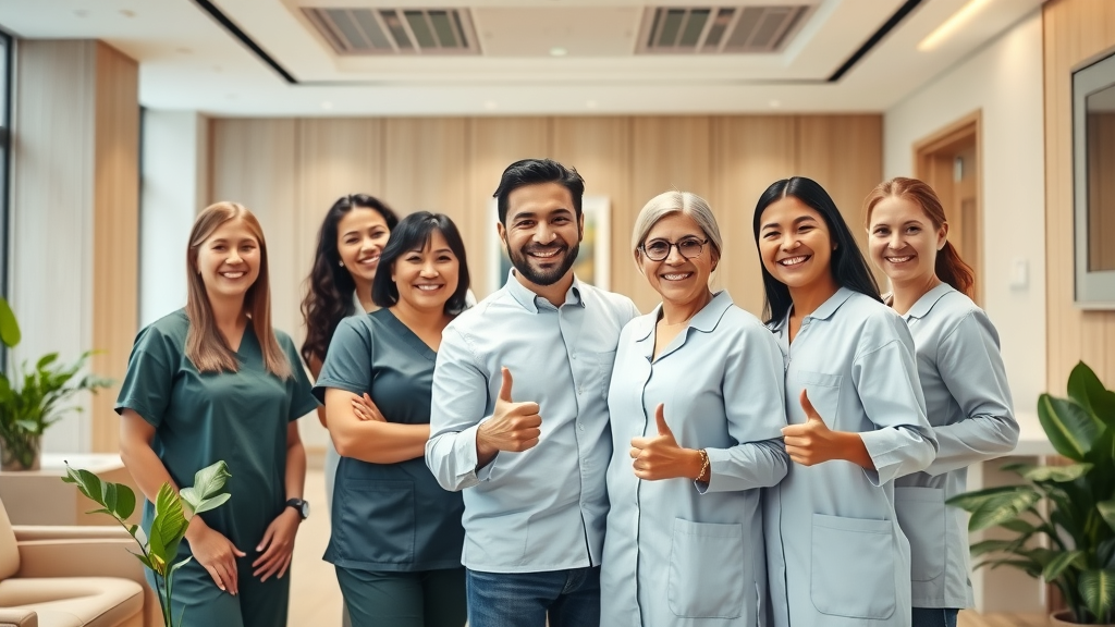 Friendly dental staff and happy patient after successful root canal treatment