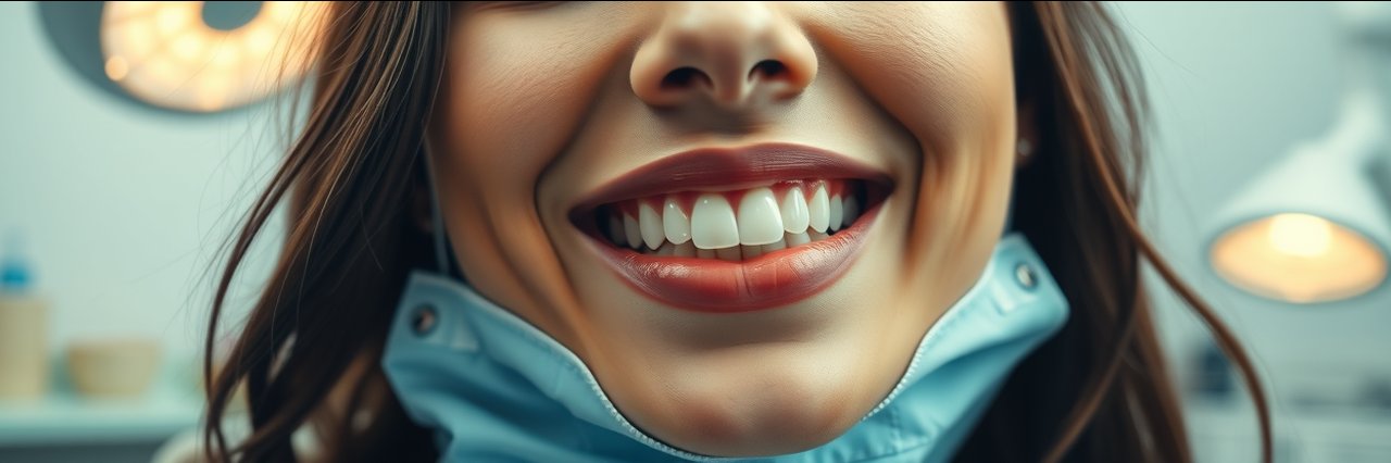 Root canal treatment patient smiling at dental clinic, dental bib visible.