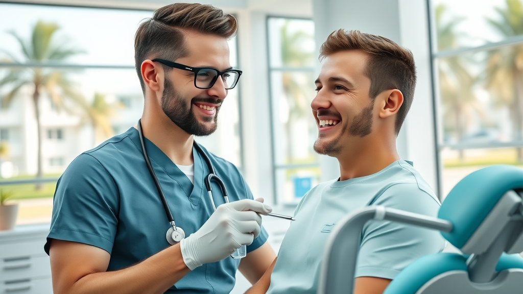 Cosmetic dentist reassures patient in modern Miami dental clinic