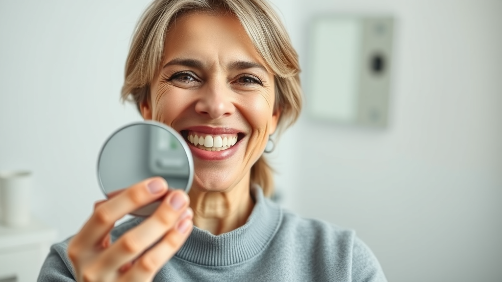 Patient admires affordable dental crown in mirror, restoring her smile
