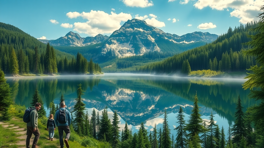 serene national park, hiking, lush forest, tourism in united states, highly detailed, emerald green, dappled sunlight