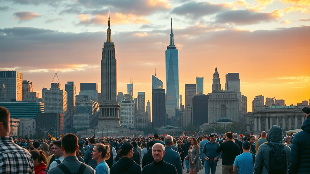 iconic U.S. landmarks, tourism in united states, bustling cityscape, highly detailed, golden hour glow
