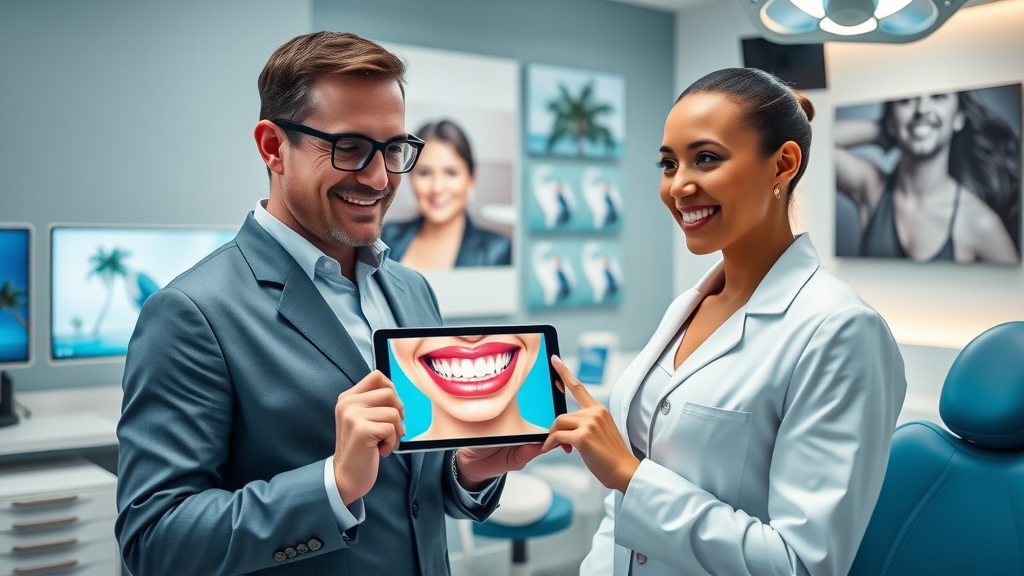 Miami dentist presenting digital smile makeover to patient, cosmetic dentistry miami