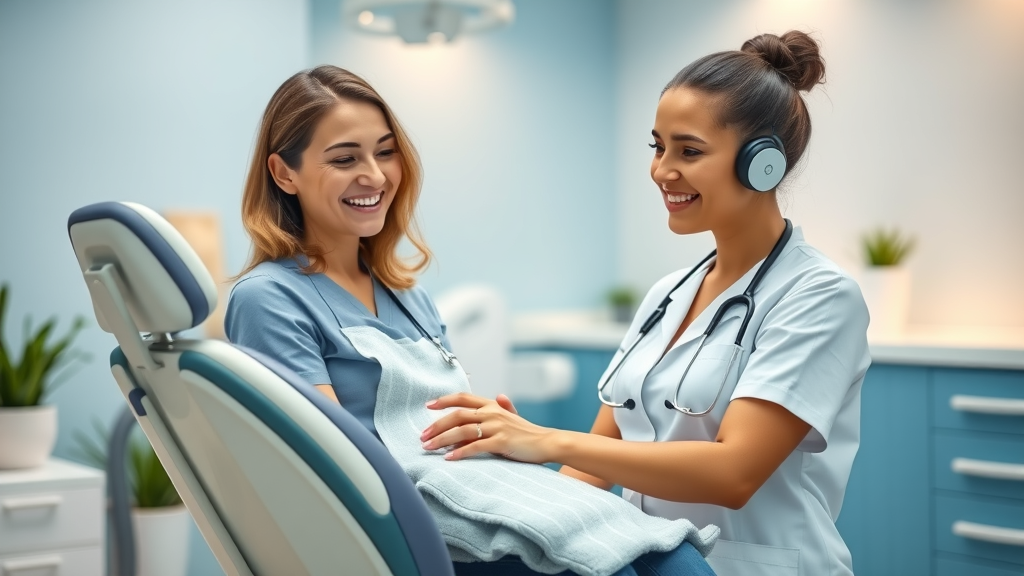 Serene patient comfort dentistry setting with caring dentist and relaxed patient.