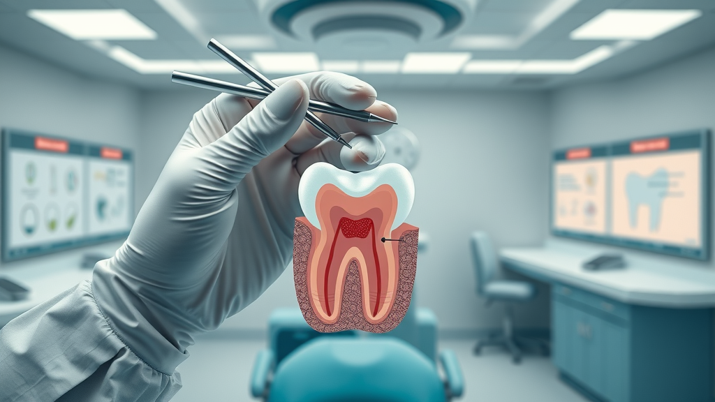 Root canal treatment procedure illustration with dental tools and healthy tooth