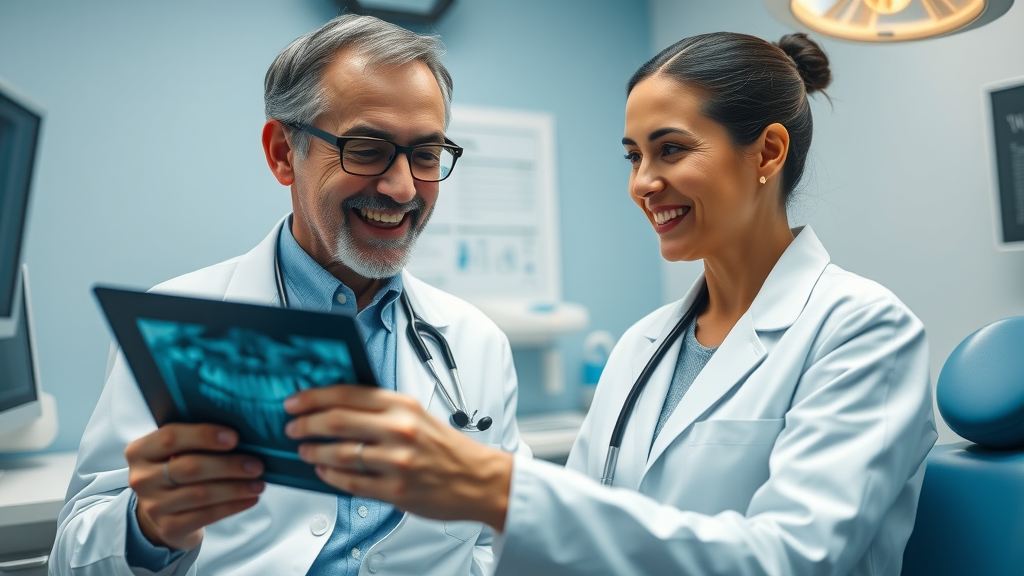 Dentist explaining dental implants solutions to patient in high-tech clinic