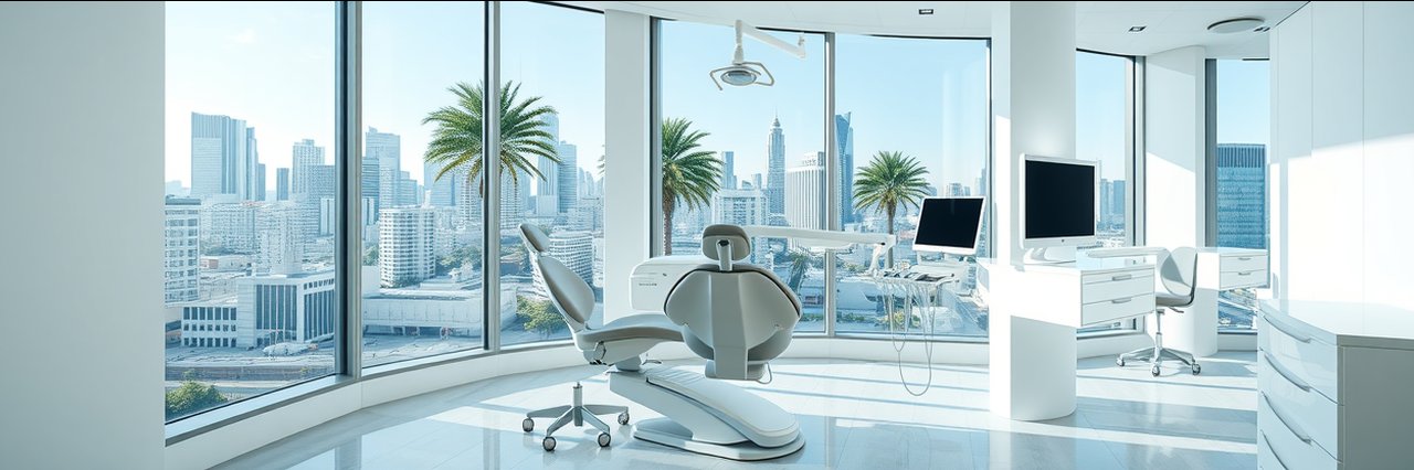 Modern dental office prioritizing patient comfort dentistry with city view.