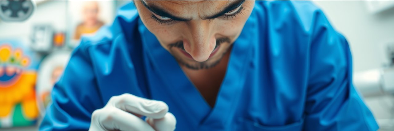 Dentist in blue scrubs preparing dental implants solutions in clinic