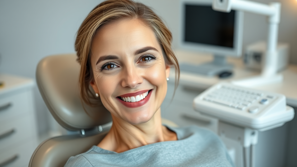 Smiling woman after dental implants solutions in modern dental office