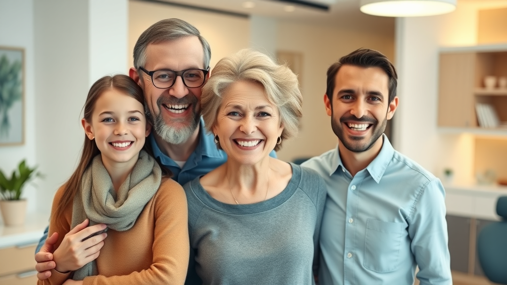 Happy family with perfect smiles at dental clinic for dental implants solutions