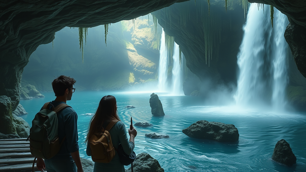 hidden natural wonders, explorers, tourism in united states, inspiring waterfalls, highly detailed, misty blues, soft ambient light