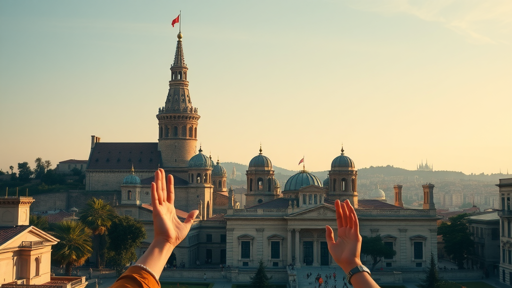 majestic historical sites, welcoming, old cityscape, tourism in united states, highly detailed, clear skies, warm tones