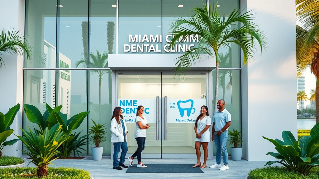 Miami dental clinic for periodontal maintenance with palm trees and smiling patients