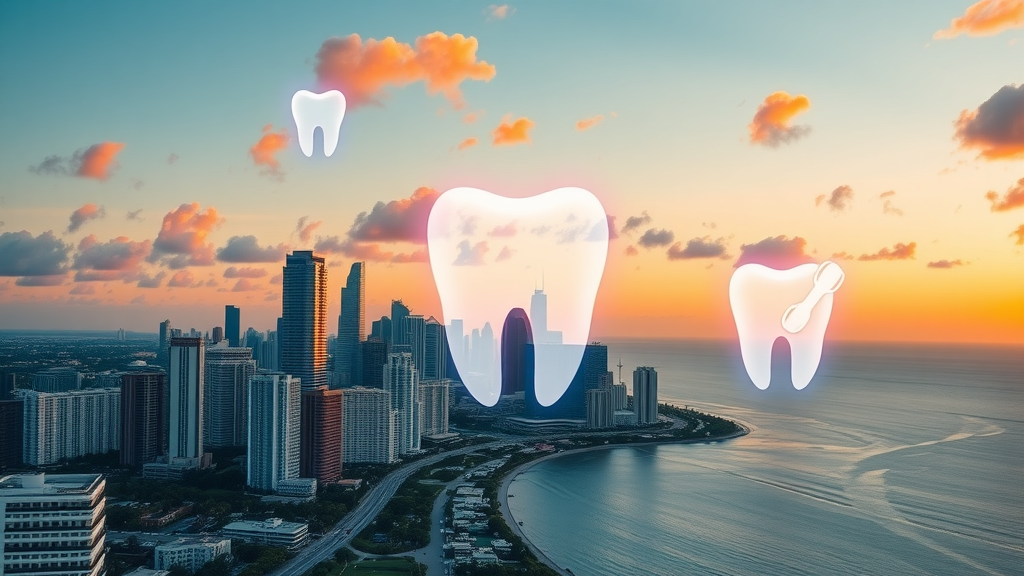 Miami skyline sunrise with dental icons for periodontal maintenance awareness