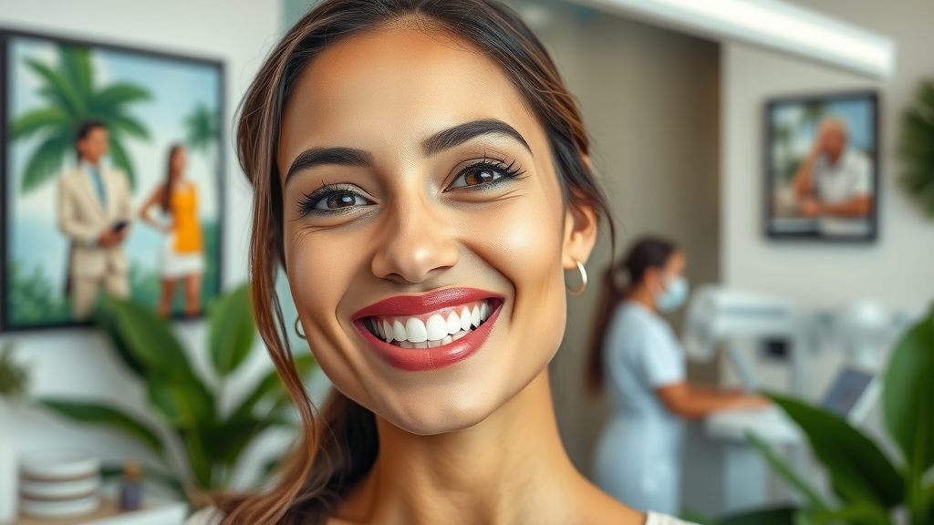 Radiant woman smiles in Miami dental office after cosmetic dentistry