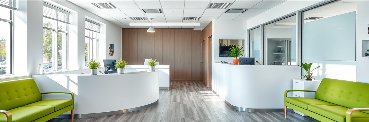 Modern dental office reception with affordable dental solutions in a bright space.