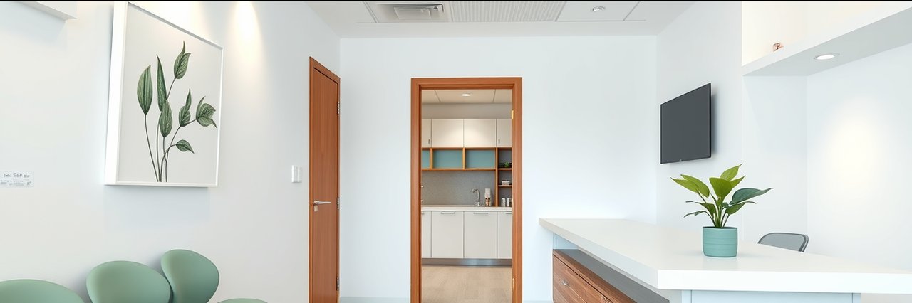 Modern dental office reception with natural décor for cosmetic dentistry services