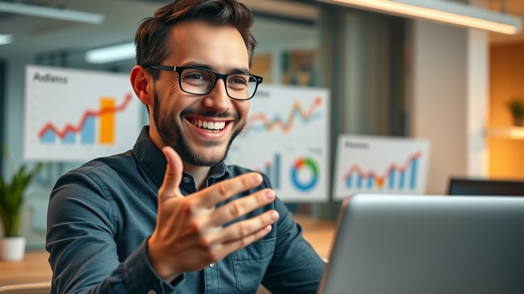 High converting website showing successful conversion rates with smiling business people in modern office background