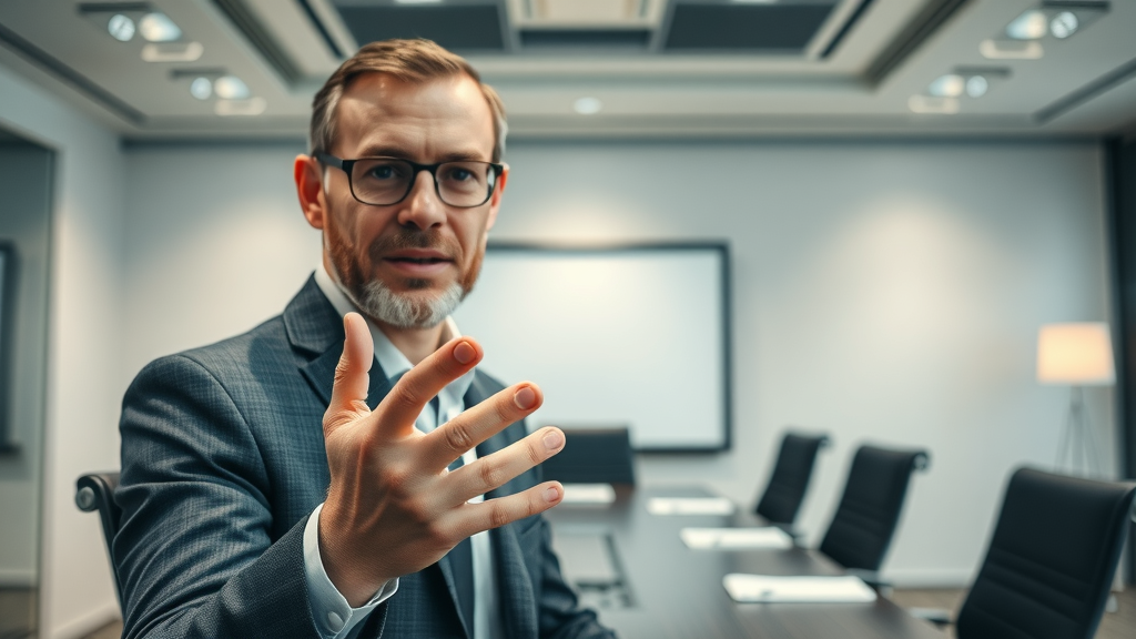 Expert explaining benefits of AI web design in corporate meeting setting