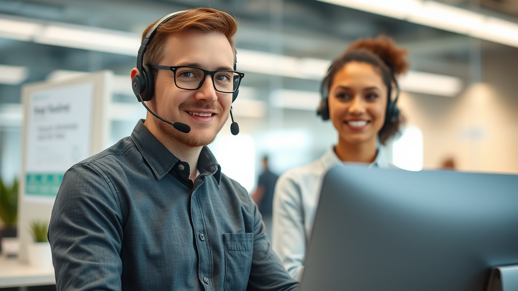 Customer support answering common questions in service center with attentive demeanor