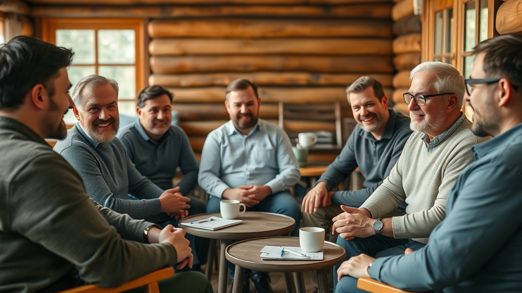 Group of Christian men connecting in a faith-based retreat setting, sharing stories and spiritual growth during a men