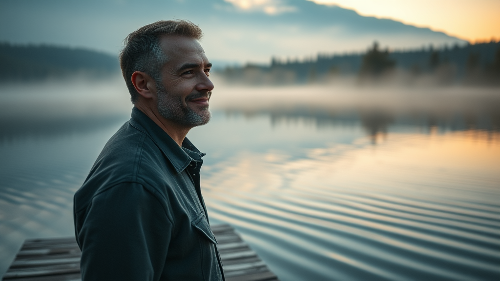 Reflective man at sunrise on a dock during a men