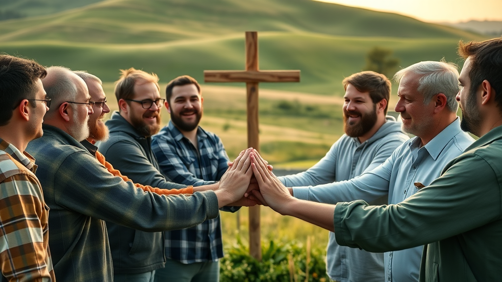 Christian men united in prayer during a men