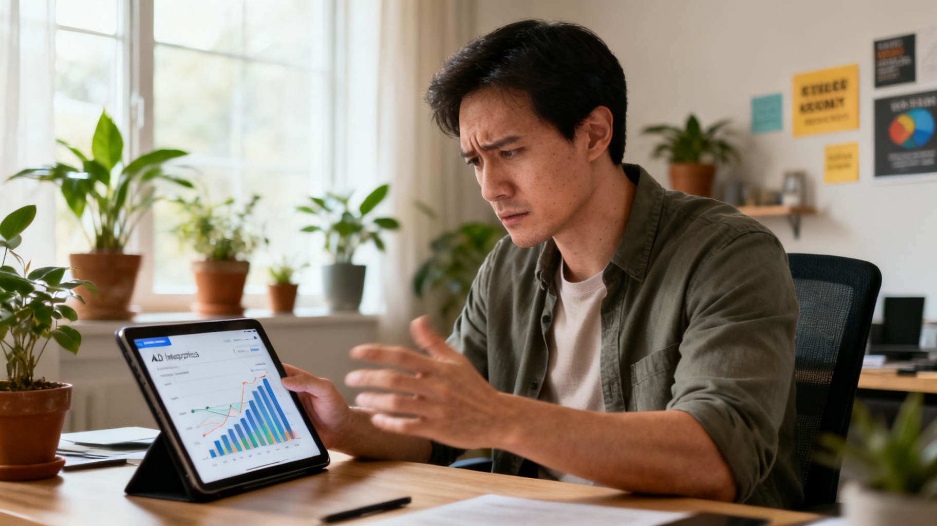 Entrepreneur evaluating underperforming paid traffic campaigns and reflecting on optimization strategies