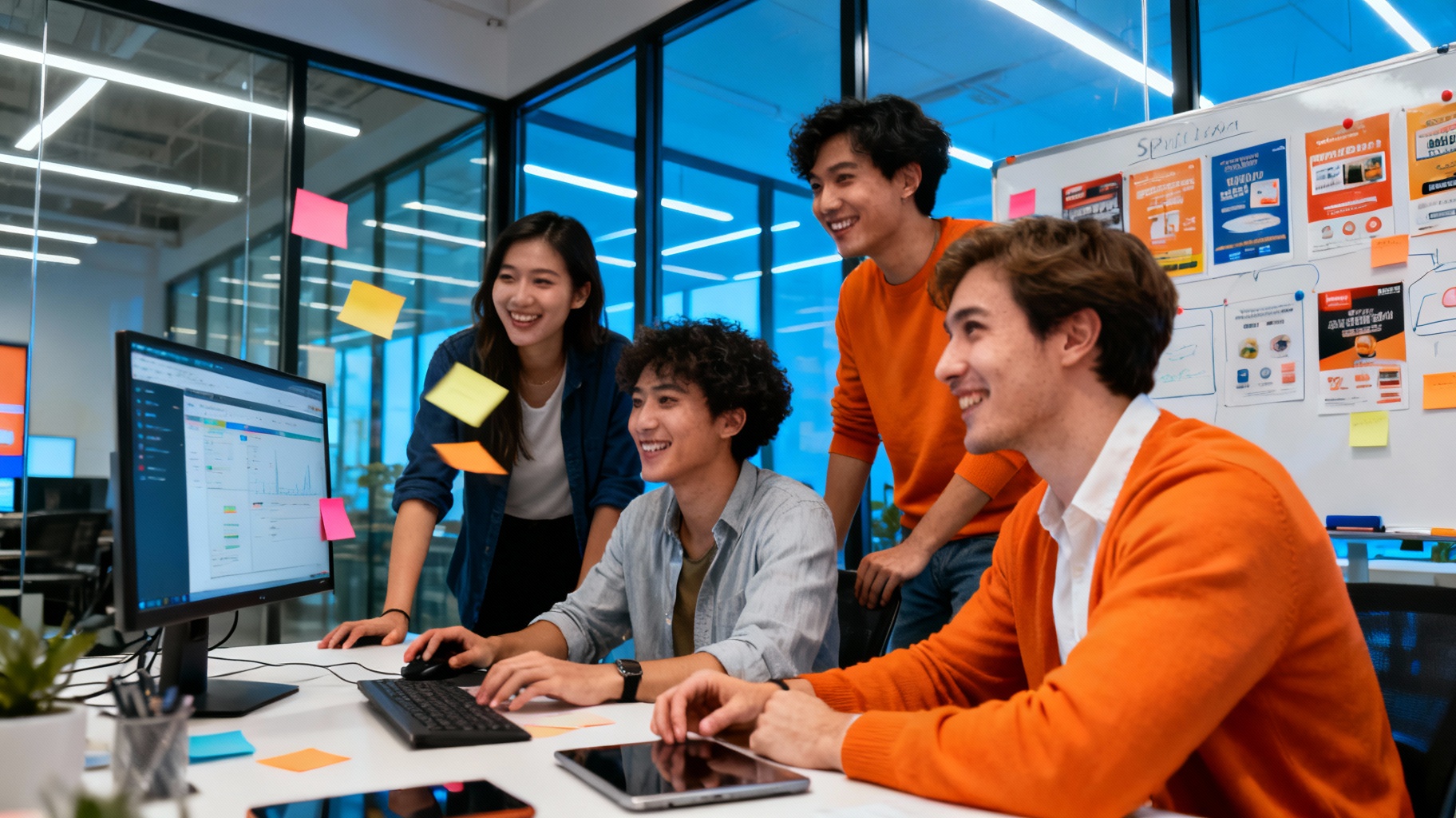 Marketing team collaborating on split-testing strategies for paid traffic systems using ad variations