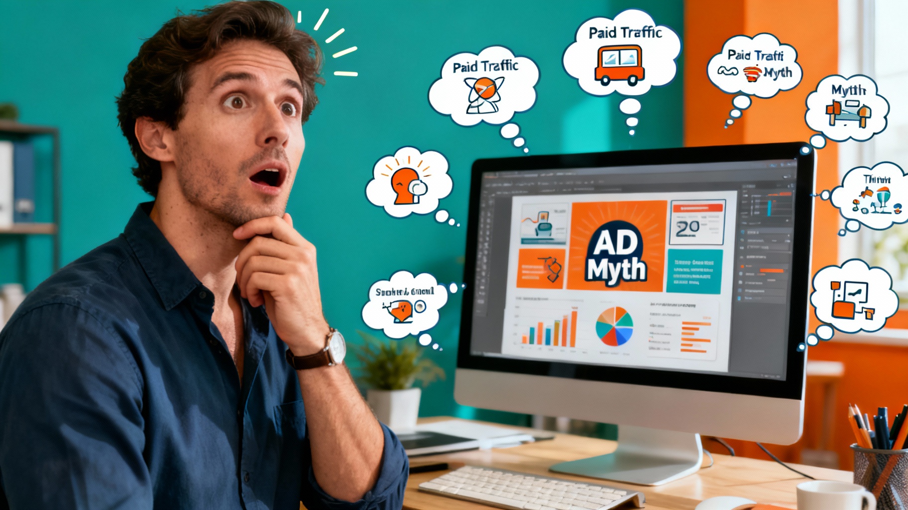 Business owner reflecting on common myths about paid traffic systems while analyzing ad visuals