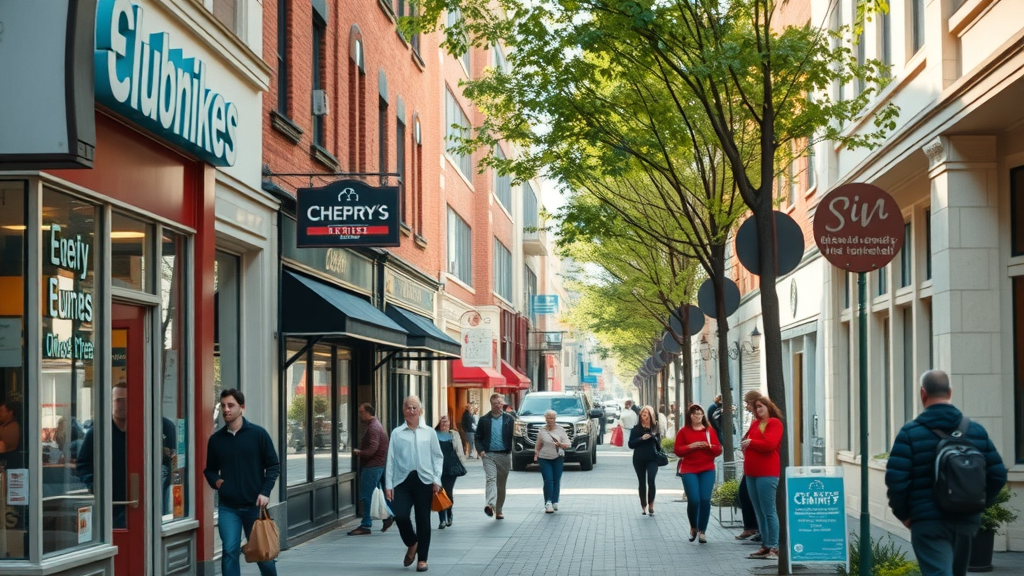 SEO for Local Businesses - inviting streetscape of a busy local business district, cheerful small business storefronts with people entering shops, urban environment, detailed signage, trees, vibrant color