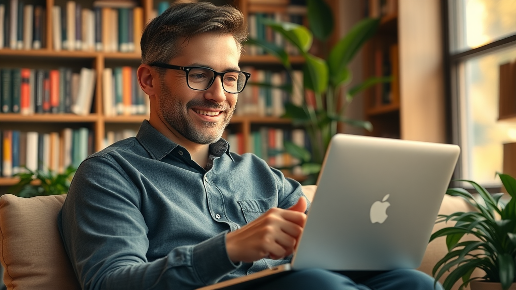local business owner using SEO for Local Businesses inside cozy bookstore, reviewing digital analytics on a laptop, surrounded by bookshelves and plants