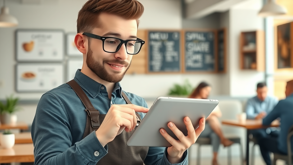 SEO for Local Businesses - modern café owner updating Google Business Profile on tablet, with café background and customers