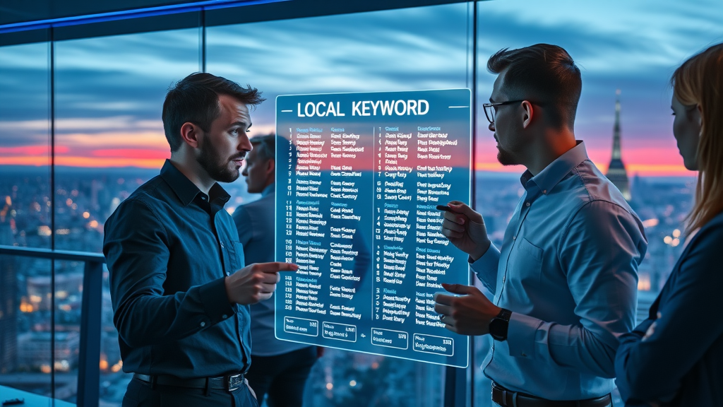 SEO for Local Businesses - analytical marketing team brainstorming local keywords, high-tech office with glowing charts, city view