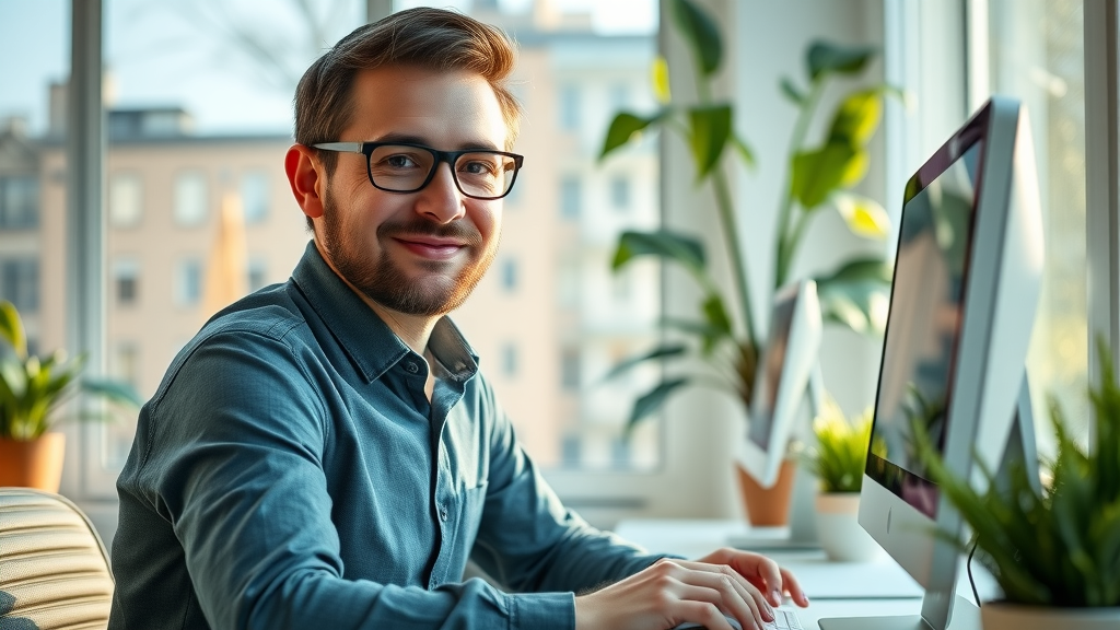 SEO for Local Businesses - service provider uploading new business profile photos, bright workspace, desktop computer and sunlight