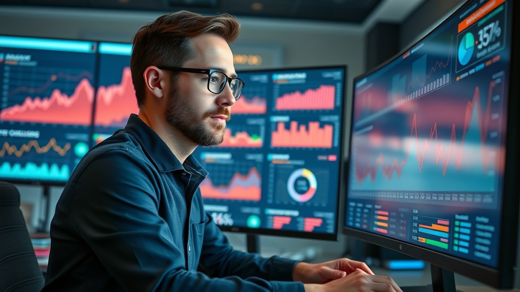 SEO for Local Businesses - digital marketer reviewing local SEO analytics dashboards with floating data projections, magical office scene