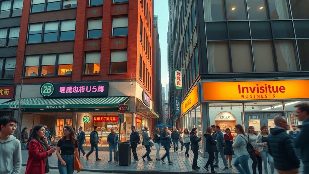 SEO for Local Businesses - comparison of two local businesses, one thriving with digital presence, other invisible, dramatic city split scene