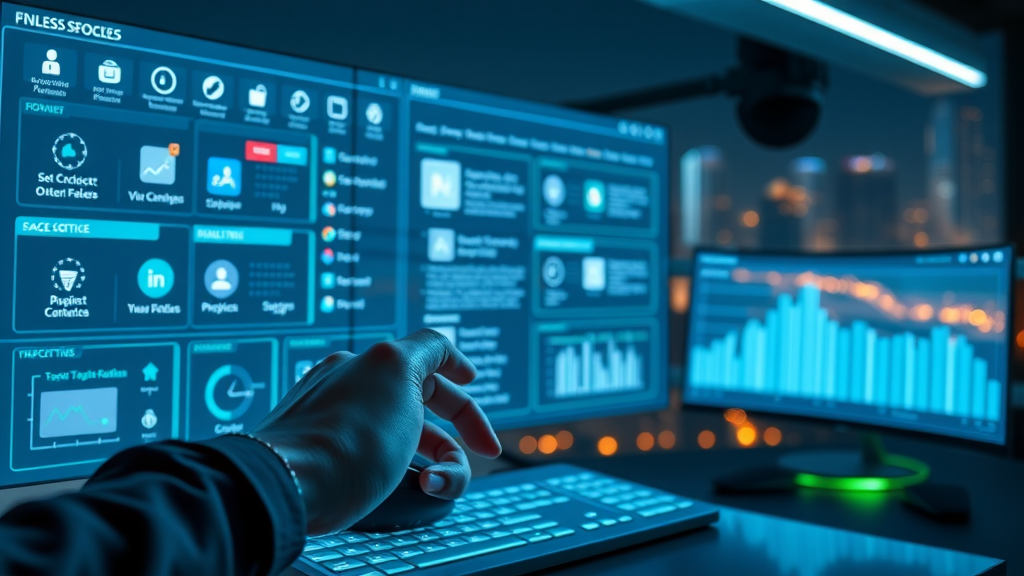 SEO for Local Businesses - dashboard showing essential local SEO tools, user selecting a tool, cityscape background, night lighting