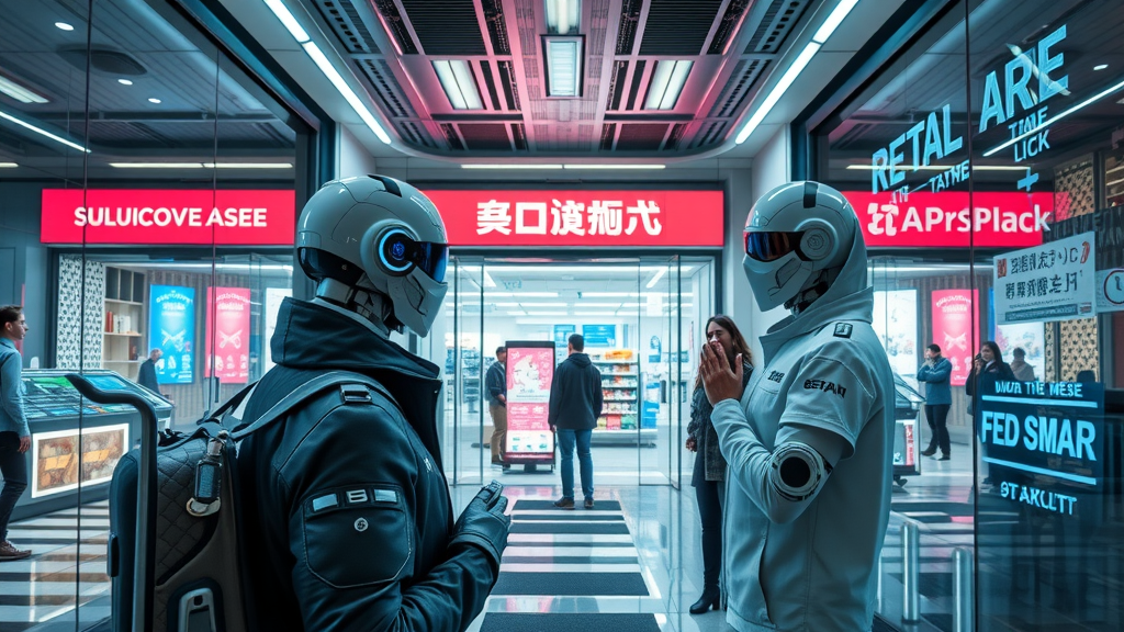 SEO for Local Businesses - futuristic small business with AI-powered digital assistants, AR projections, city center