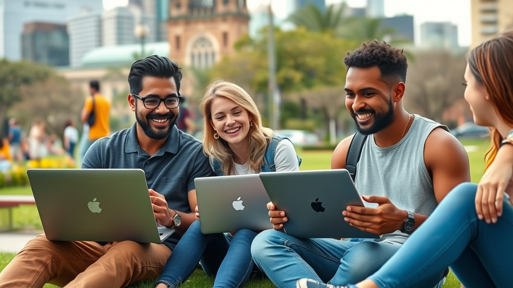 digital nomads working remotely outdoors in vibrant urban park