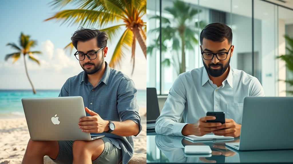 comparison of digital nomad in tropical setting vs office worker at desk