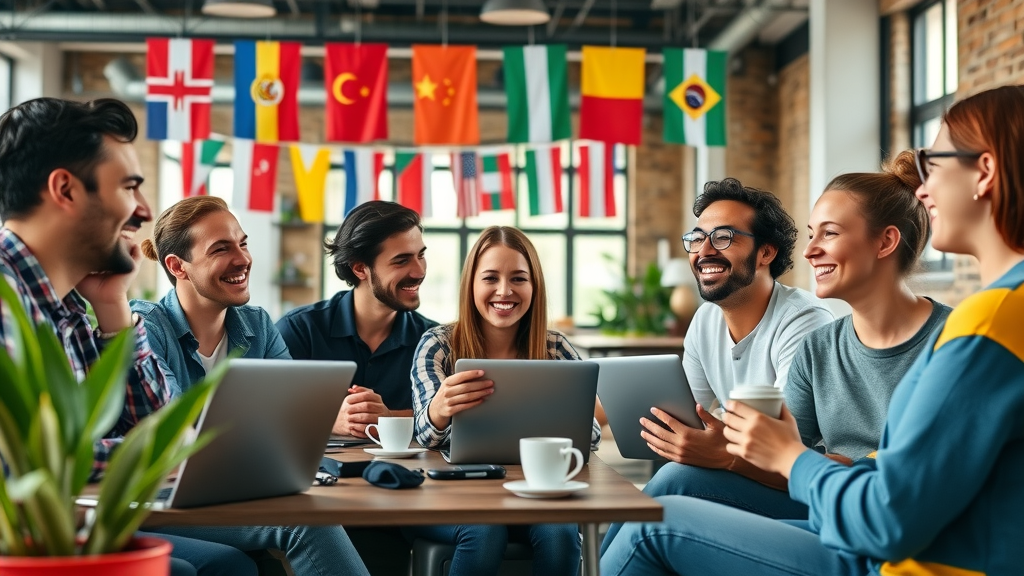 digital nomads networking in vibrant coworking space with world flags