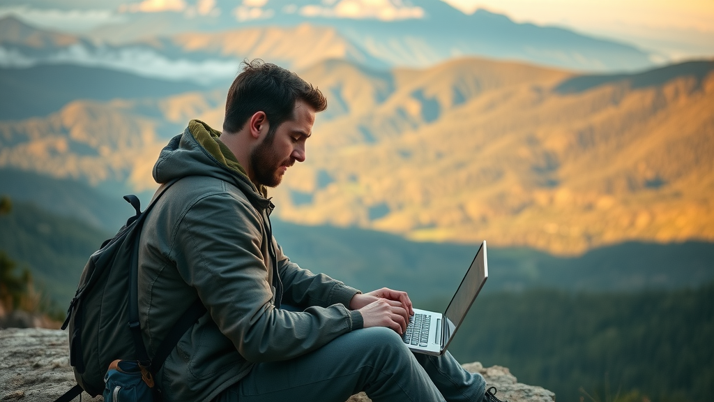 digital nomad setting up portable workspace in scenic mountains